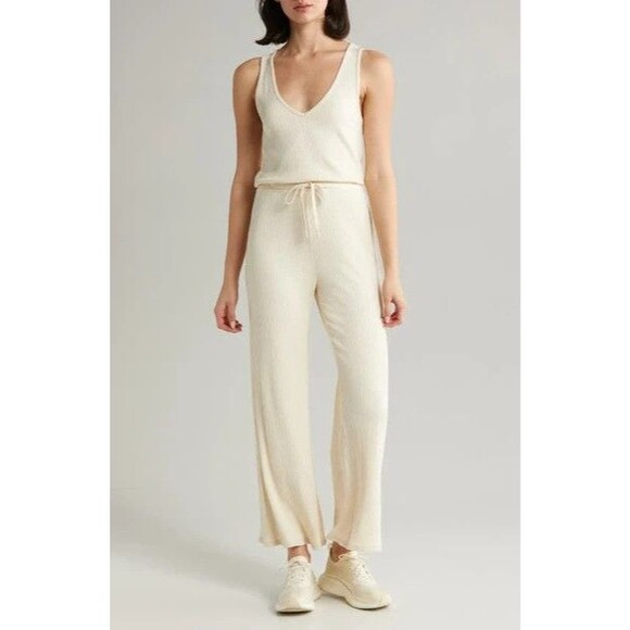 Beyond Yoga Jumpsuit Womens Medium Ivory Ribbed V-Neck Drawstring Made in USA - Picture 2 of 12